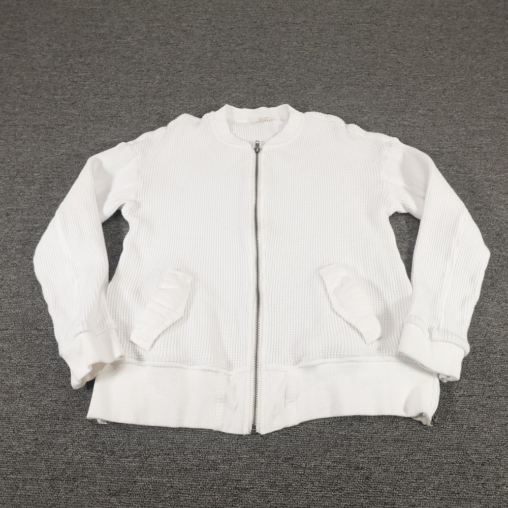 Mystree Sweater Womens Small‎ White Waffle Knit Full Zip Bomber Jacket Pockets